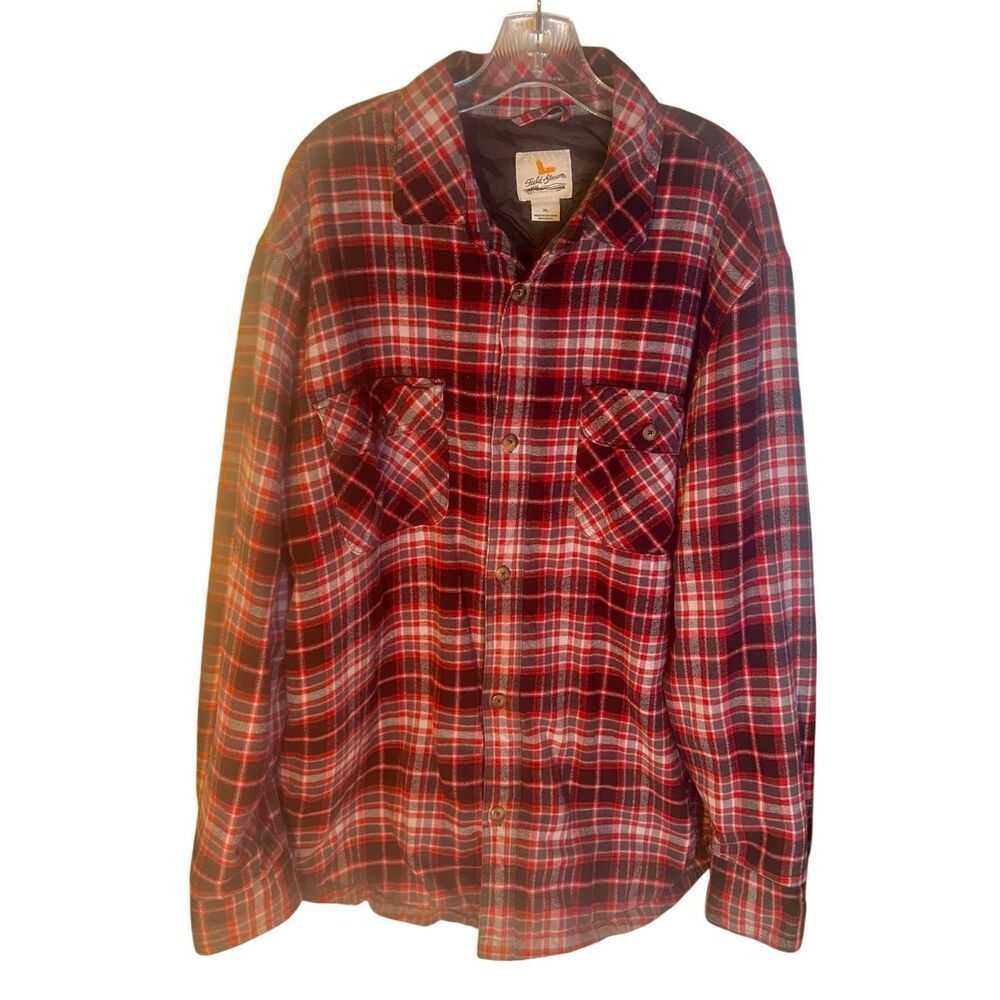 Vintage Field & Stream Plaid Flannel Shirt Jacket Mens XL Red Quilted Lining USA